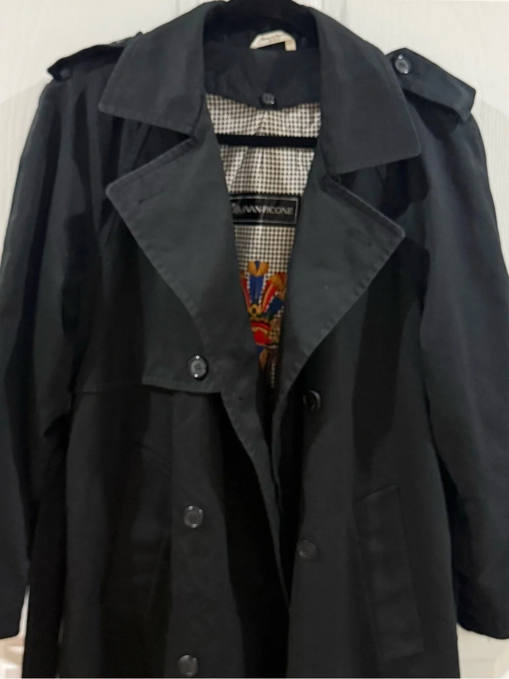 Vintage Evan-Picone Black Trench Coat Houndstooth Crest Lining Long Rain Coat - Picture 6 of 10